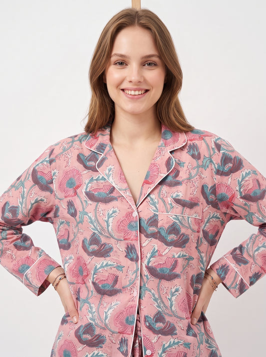 Women's Pink Floral Print – Elegant Two Piece Cotton Pajama Set