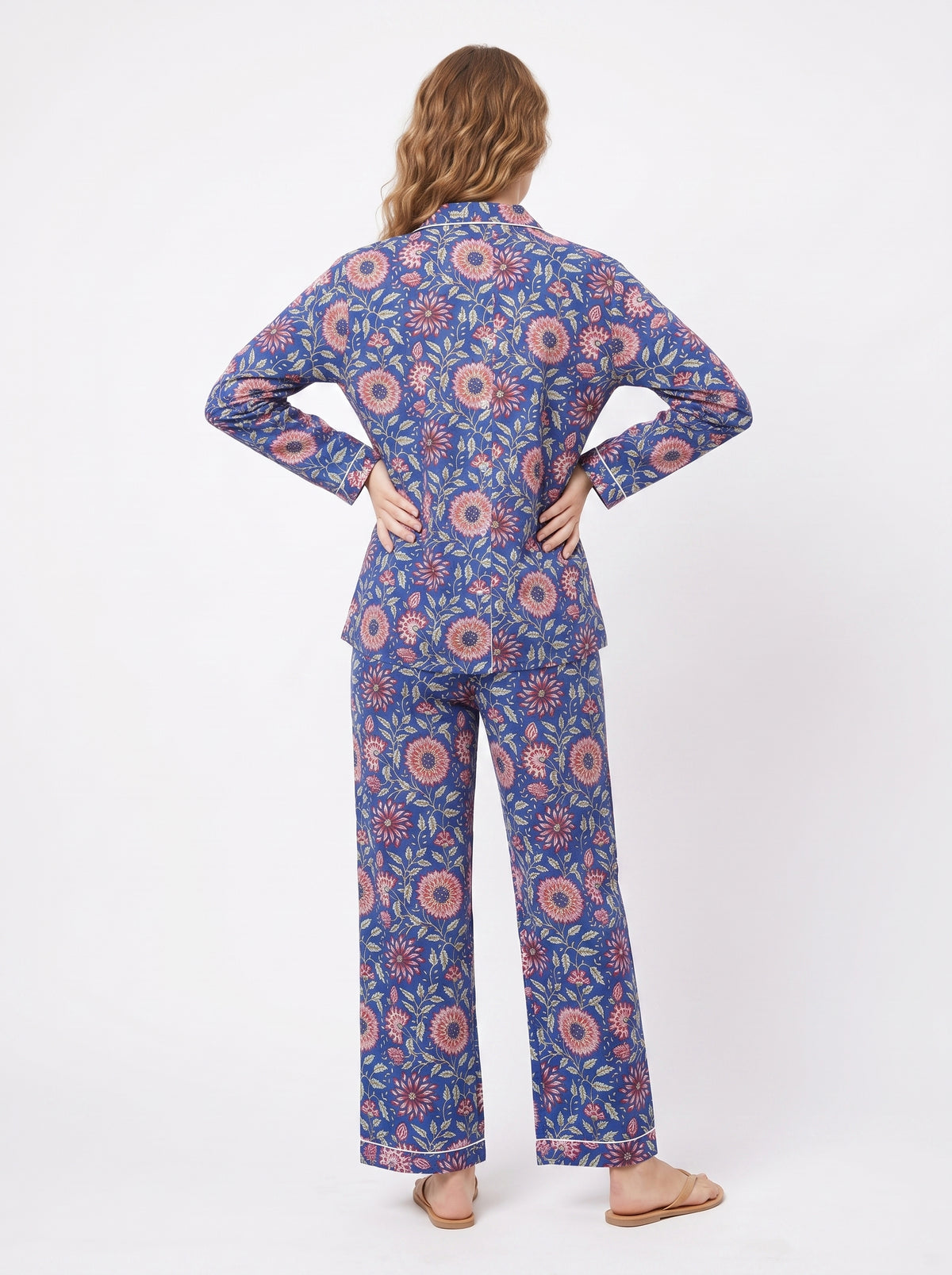Women's Blue Pink Floral – Elegant Two Piece Cotton Pajama Set