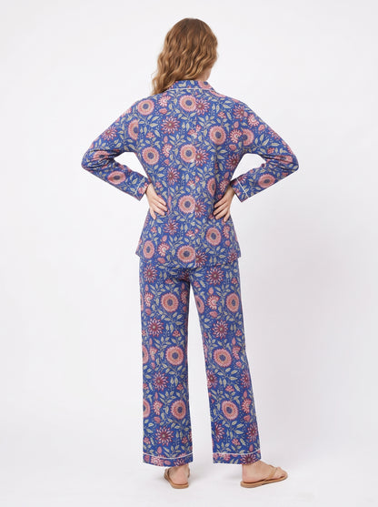 Women's Blue Pink Floral – Elegant Two Piece Cotton Pajama Set