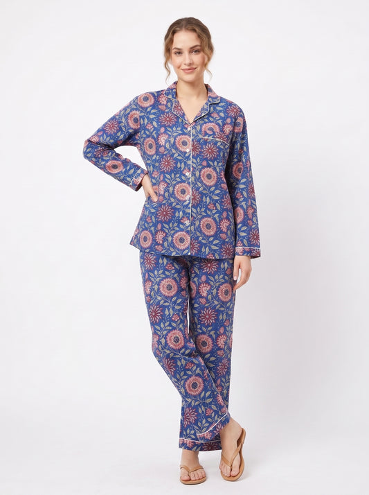 Women's Blue Pink Floral – Elegant Two Piece Cotton Pajama Set