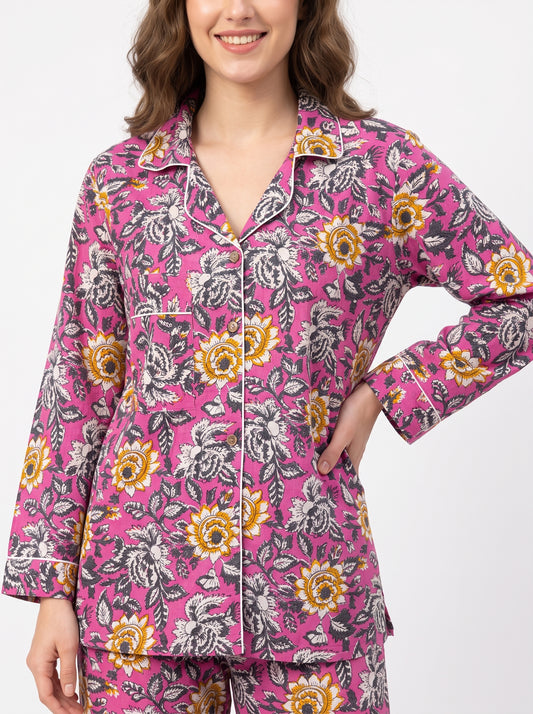 Women’s Pink Mini Floral – Elegant Two Piece Cotton Pajama Set