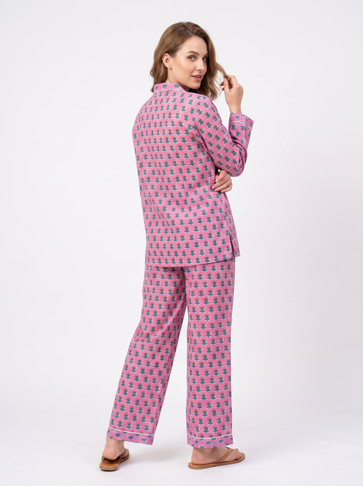Women's Rosy Pink Bloom – Elegant Two Piece Cotton Pajama Set