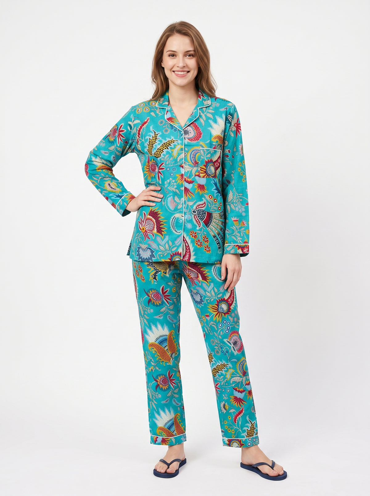 Women’s Teal Blue Majestic – Elegant Two Piece Cotton Pajama Setet