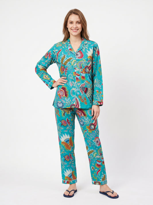 Women’s Teal Blue Majestic – Elegant Two Piece Cotton Pajama Setet