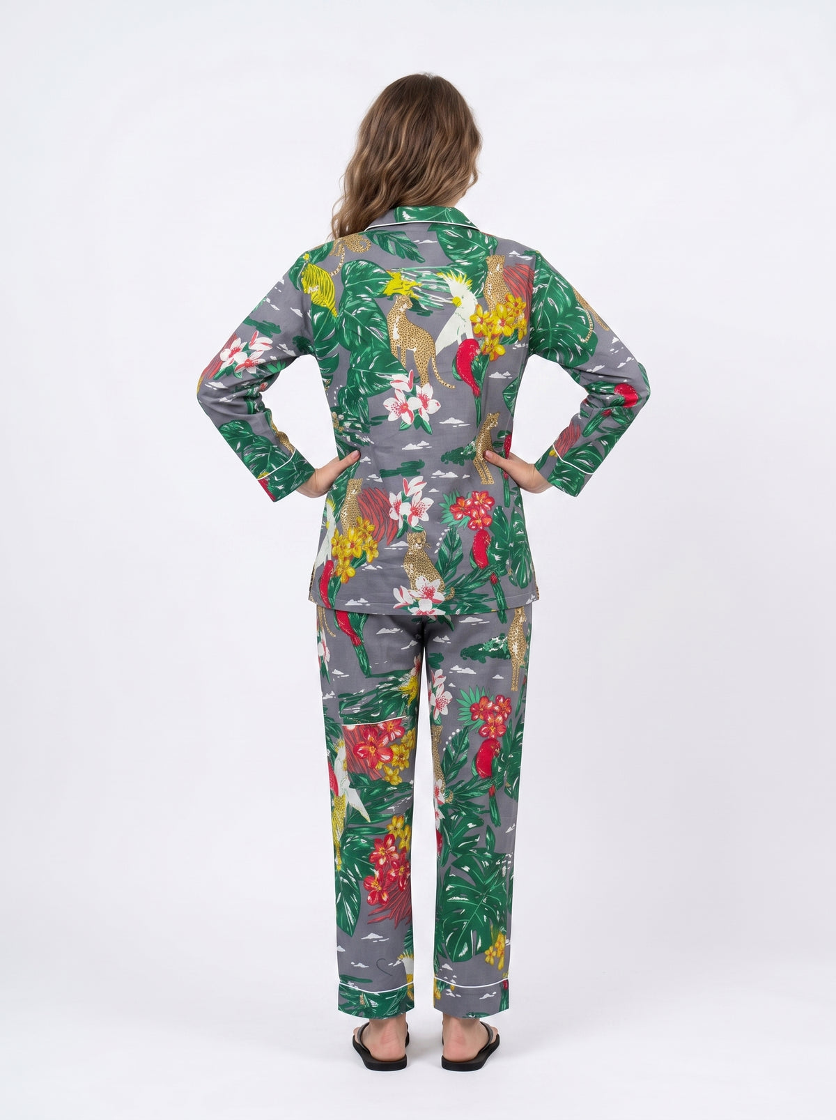 Women’s Grey Tropical Print Cotton Night Suit Set – Cute Two Piece Pajama Set