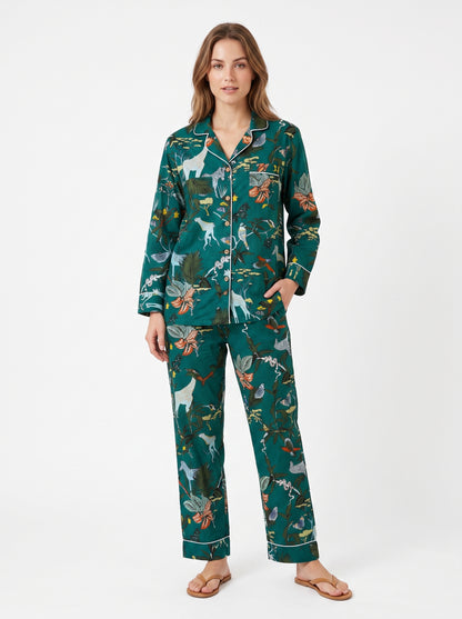 Women's Bottle Green – Elegant Two Piece Cotton Pajama Set