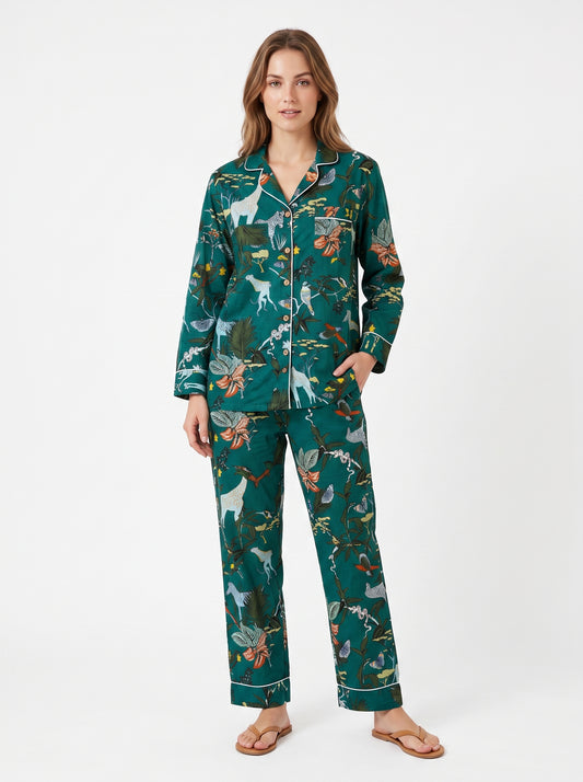Women's Bottle Green – Elegant Two Piece Cotton Pajama Set