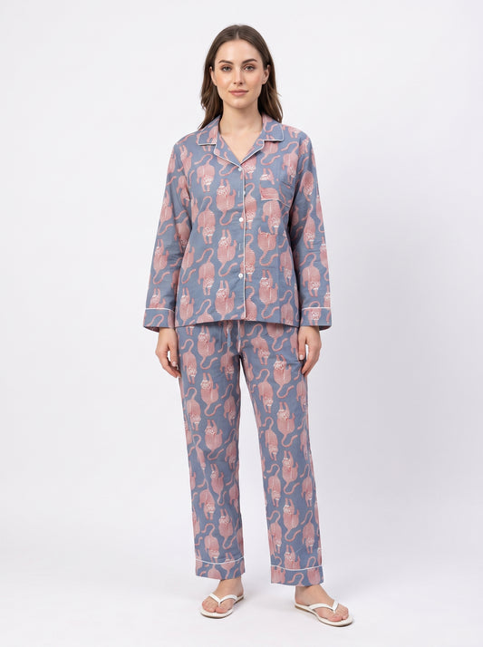 Women’s Grey Royal Tiger – Elegant Two Piece Cotton Pajama Set