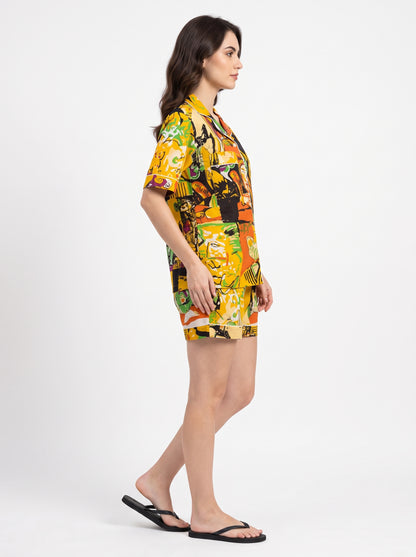 Women’s Yellow Abstract – Elegant Two Piece Short Pajama Set
