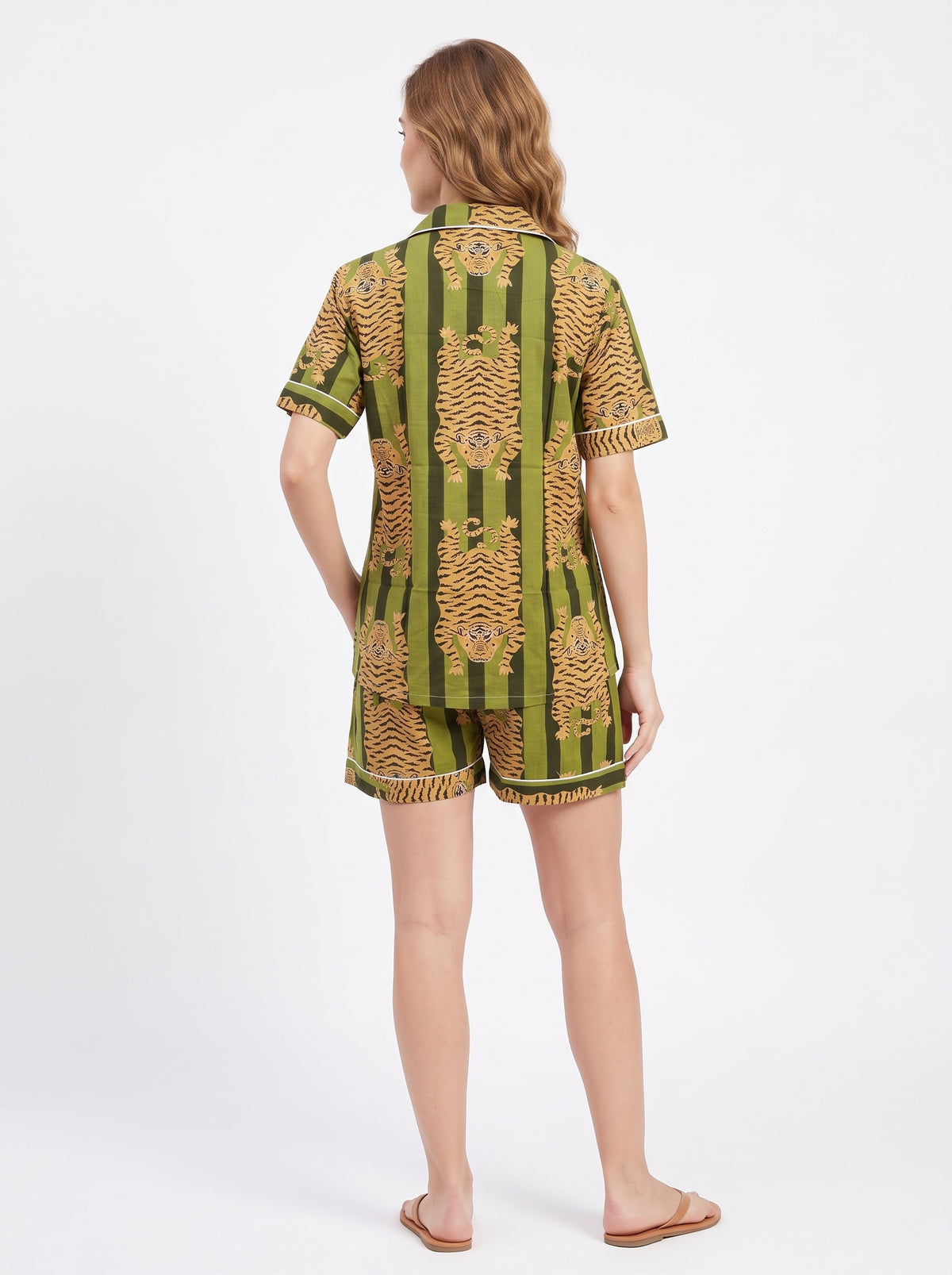 Women’s Green Stripes Tiger– Elegant Two Piece Short Pajama Set
