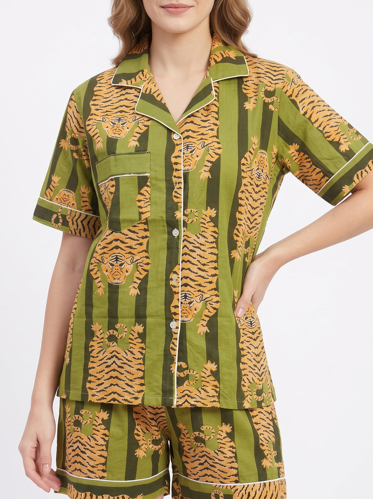 Women’s Green Stripes Tiger– Elegant Two Piece Short Pajama Set