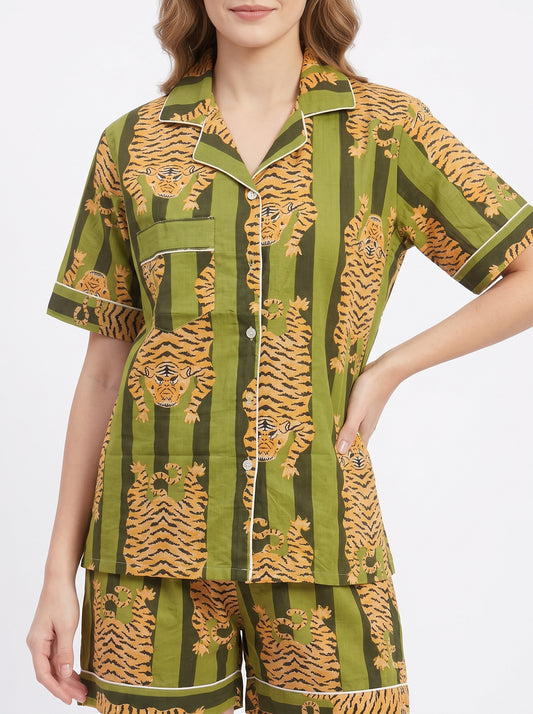 Women’s Green Stripes Tiger– Elegant Two Piece Short Pajama Set