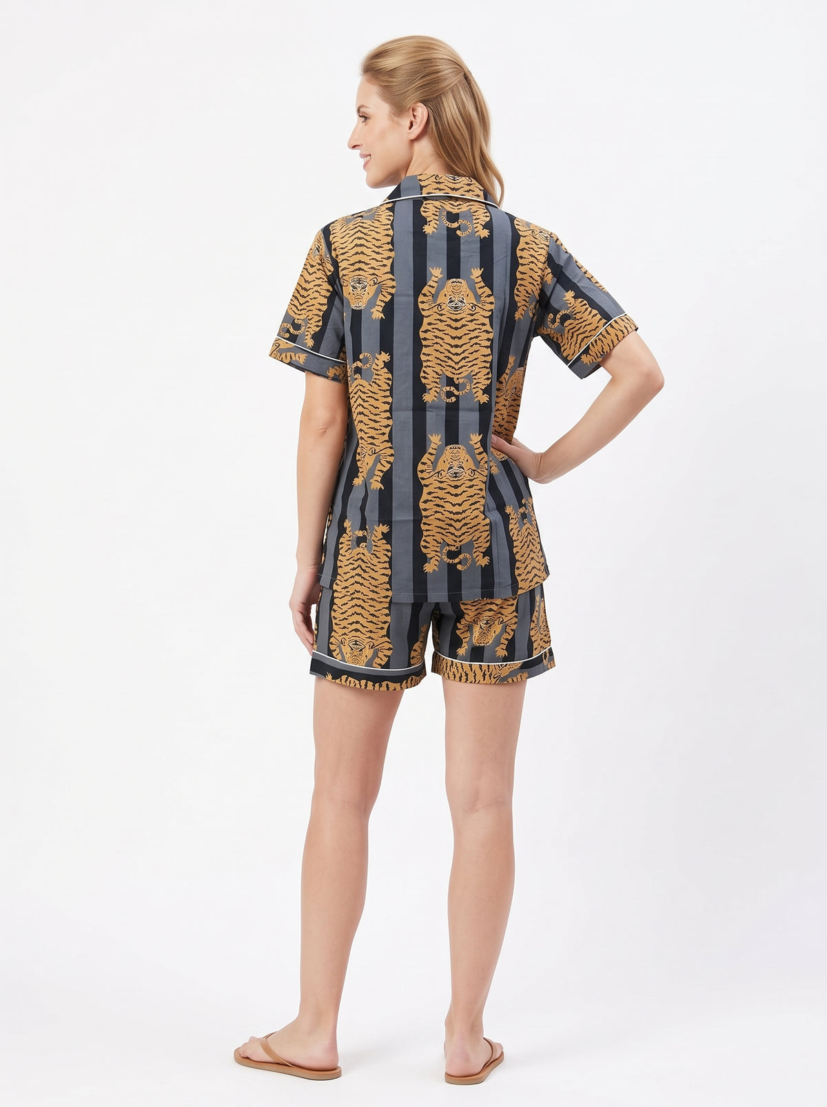Women’s Black Stripes Tiger – Elegant Two Piece Short Pajama Set