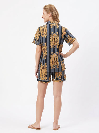 Women’s Black Stripes Tiger – Elegant Two Piece Short Pajama Set