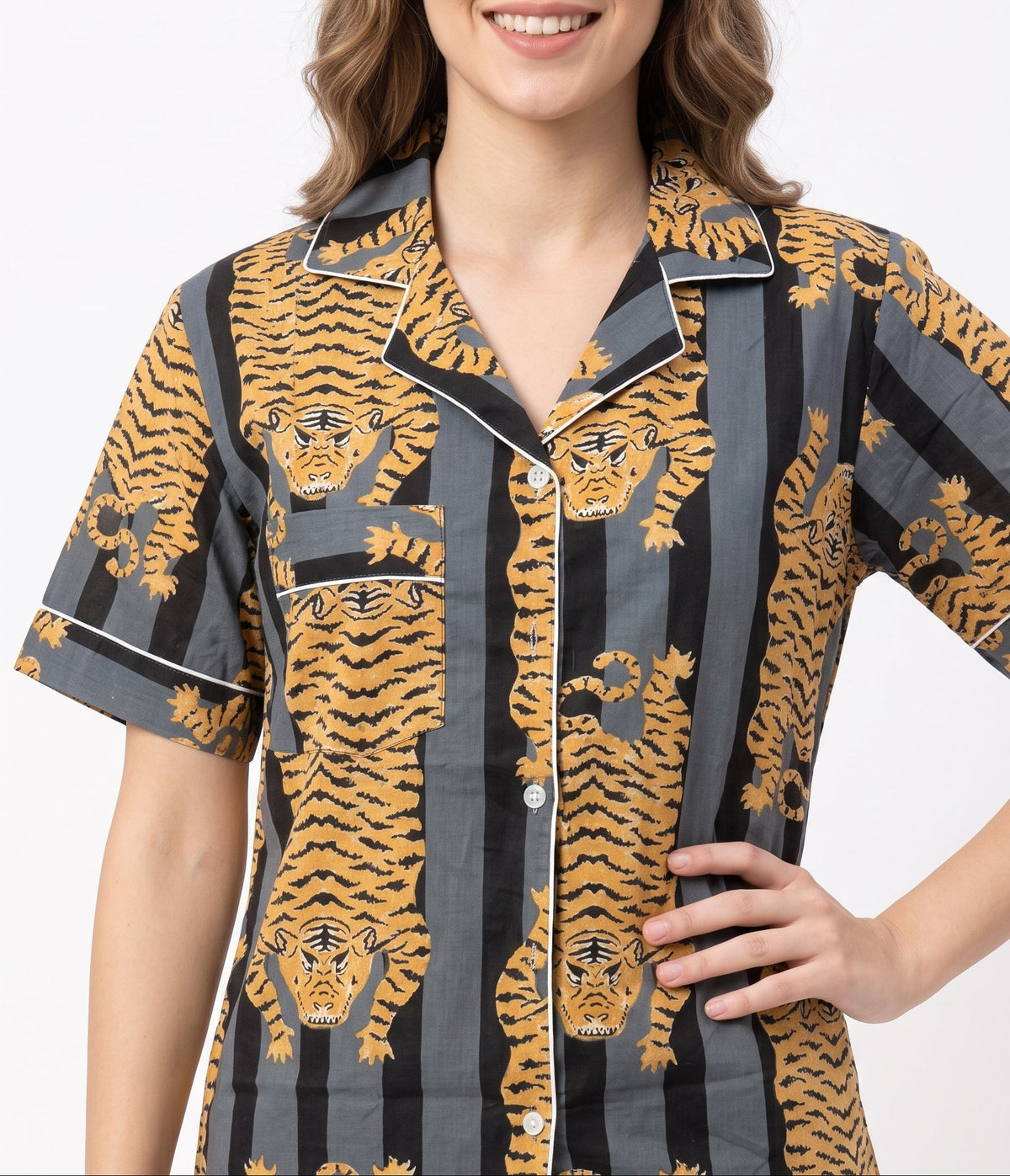 Women’s Black Stripes Tiger – Elegant Two Piece Short Pajama Set