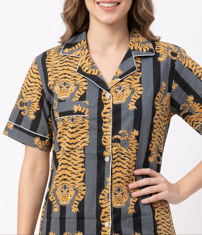 Women’s Black Stripes Tiger – Elegant Two Piece Short Pajama Set