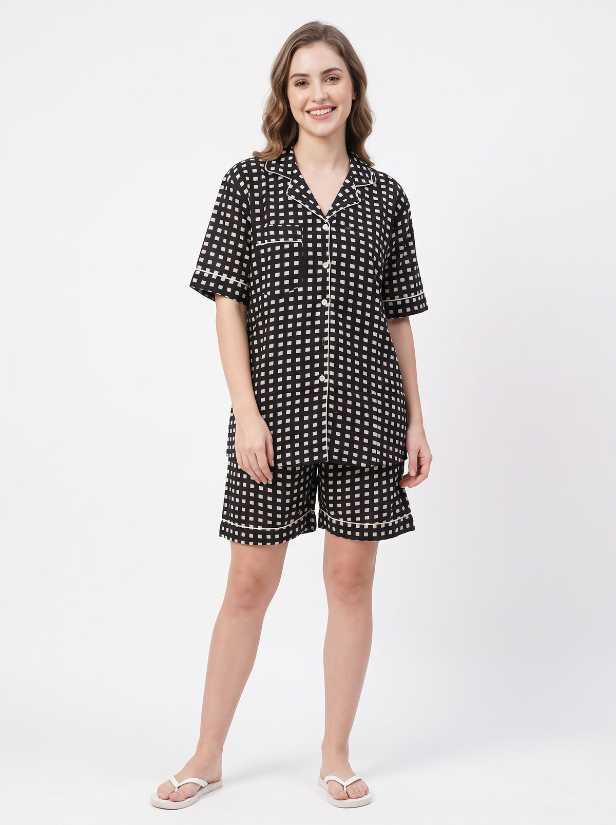 Women’s Black Checkered – Elegant Two Piece Short Pajama Set