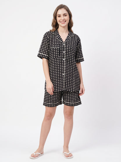 Women’s Black Checkered – Elegant Two Piece Short Pajama Set