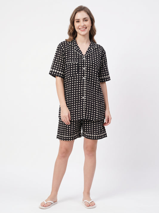 Women’s Black Checkered – Elegant Two Piece Short Pajama Set