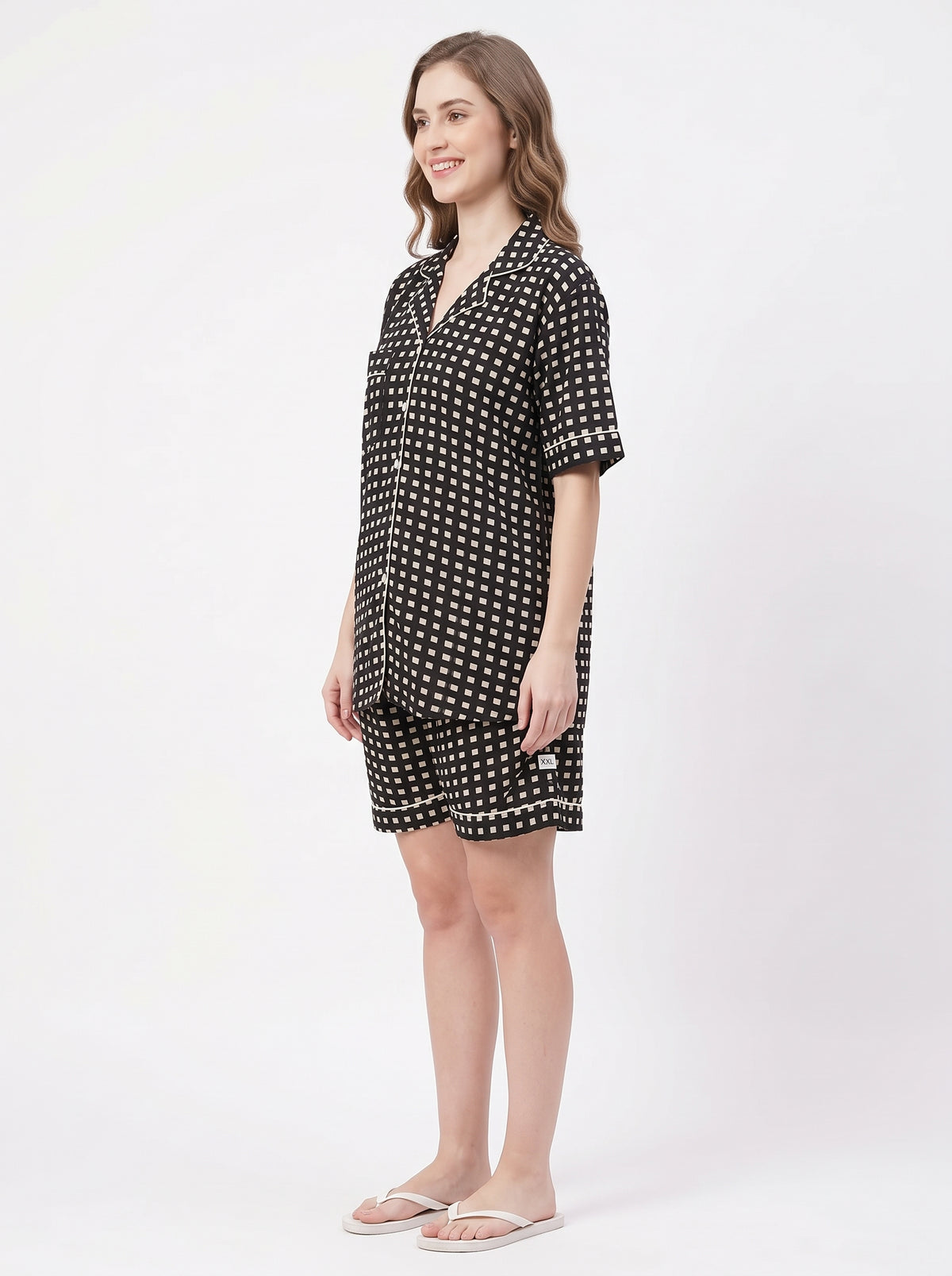 Women’s Black Checkered – Elegant Two Piece Short Pajama Set