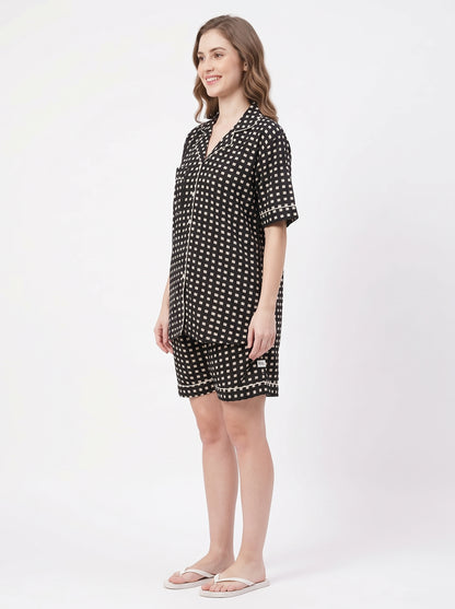 Women’s Black Checkered – Elegant Two Piece Short Pajama Set