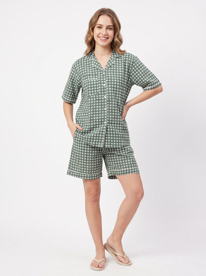 Women’s Green Checkered Crimson – Elegant Two Piece Short Pajama Set