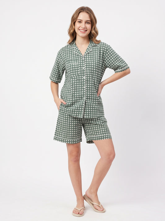 Women’s Green Checkered Crimson – Elegant Two Piece Short Pajama Set