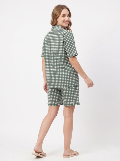 Women’s Green Checkered Crimson – Elegant Two Piece Short Pajama Set