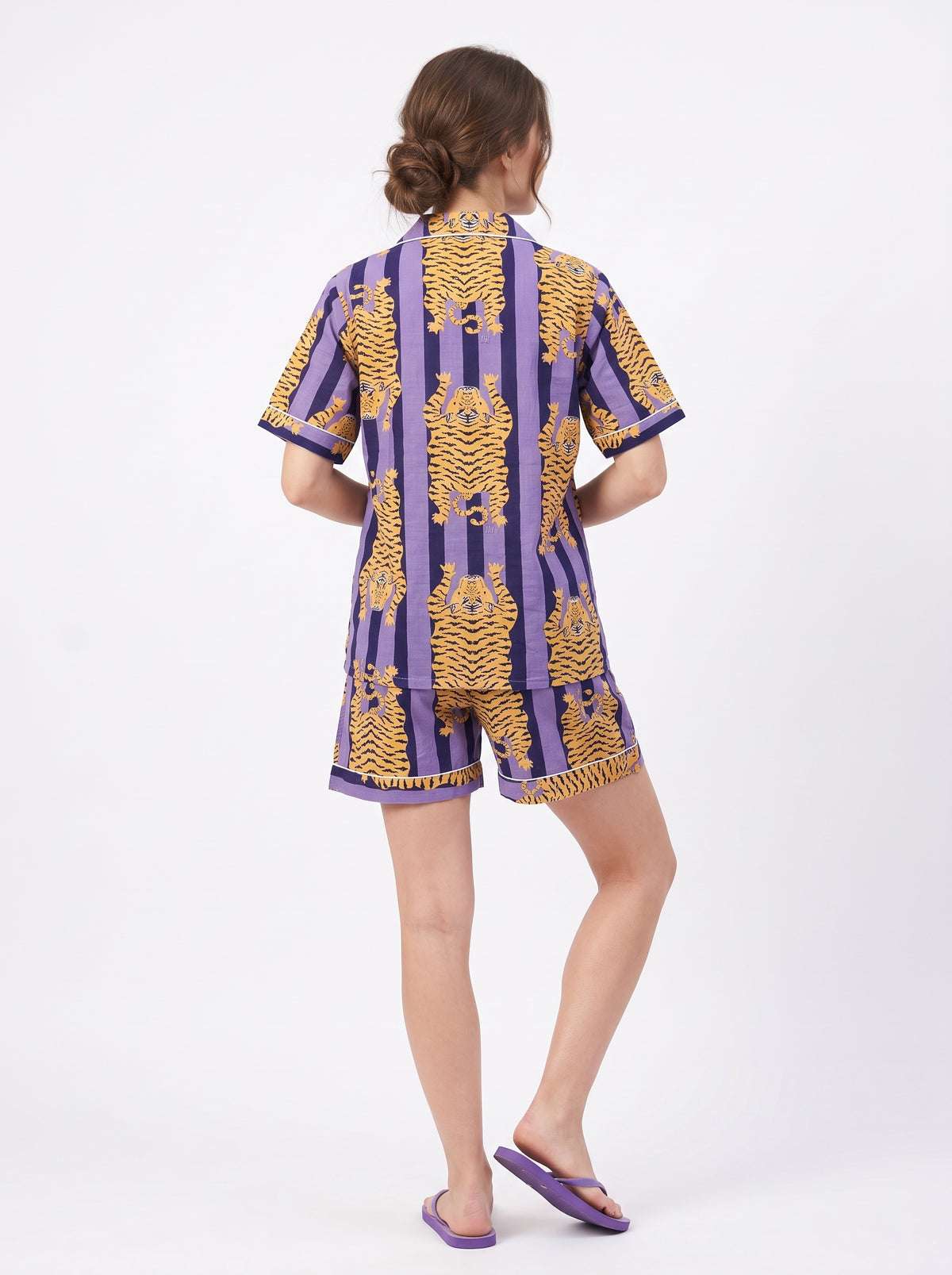Women’s Purple Stripes Tiger – Elegant Two Piece Short Pajama Set