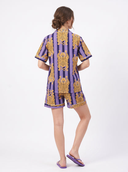 Women’s Purple Stripes Tiger – Elegant Two Piece Short Pajama Set