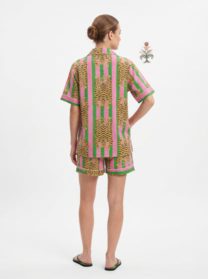 Women’s Green Pink Stripes Tiger – Elegant Two Piece Short Pajama Set