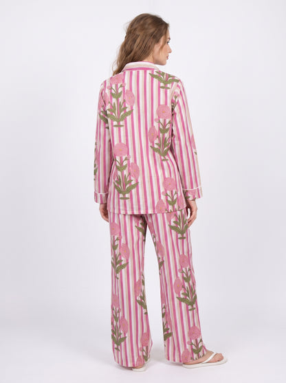 Women’s Pink Pop Stripes – Elegant Two Piece Cotton Pajama Set
