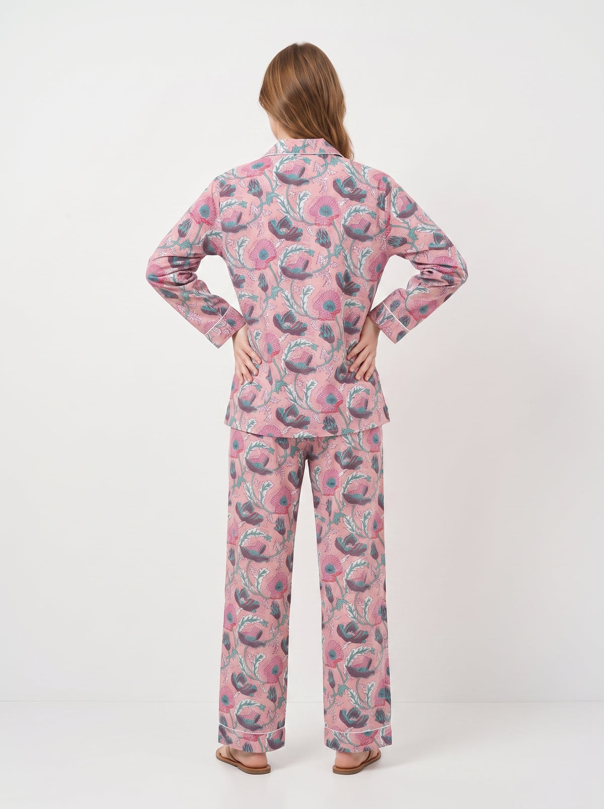 Women's Pink Floral Print – Elegant Two Piece Cotton Pajama Set