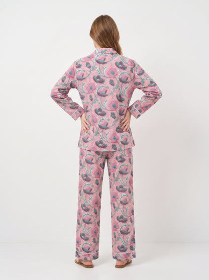 Women's Pink Floral Print – Elegant Two Piece Cotton Pajama Set