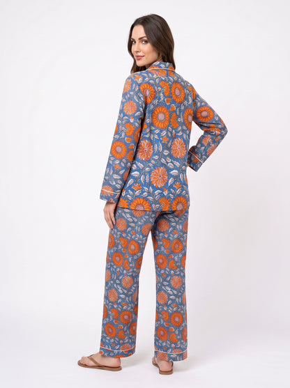 Women's Blue Orange Floral – Elegant Two Piece Cotton Pajama Set