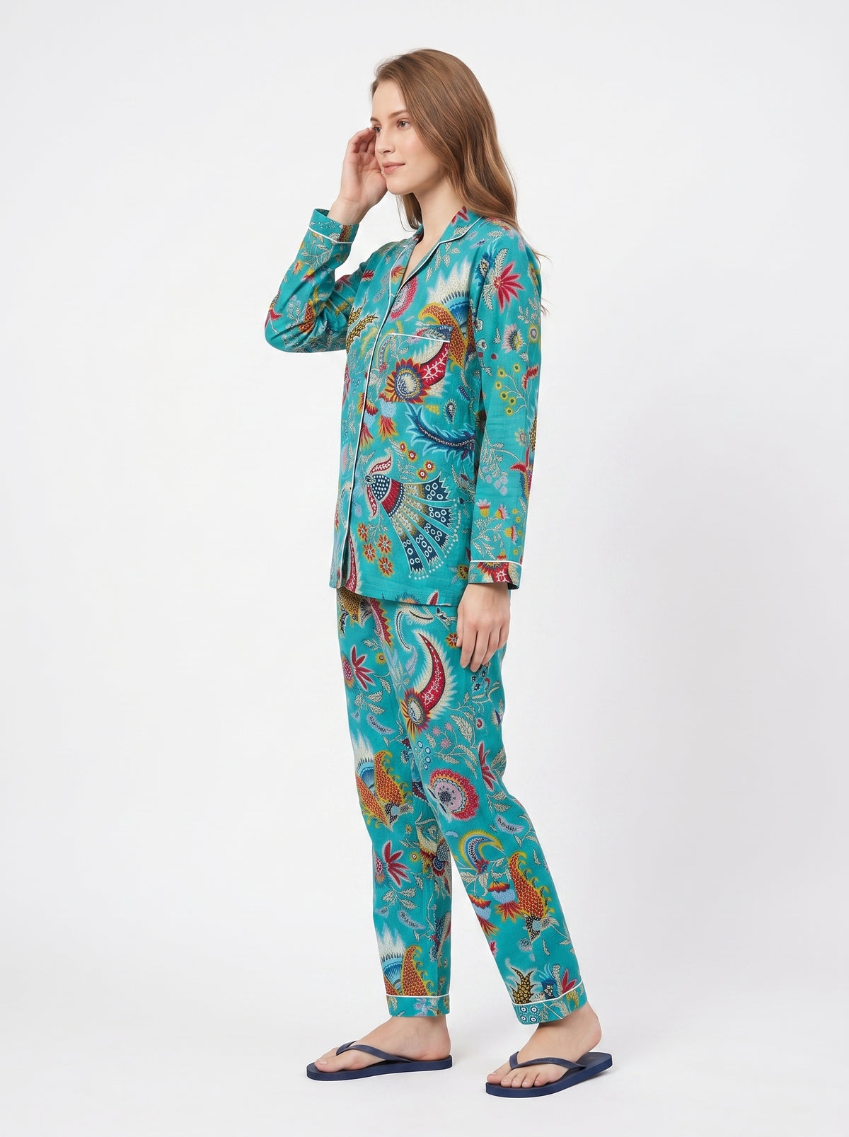 Women’s Teal Blue Majestic – Elegant Two Piece Cotton Pajama Setet