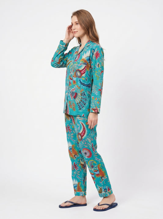 Women’s Teal Blue Majestic – Elegant Two Piece Cotton Pajama Setet