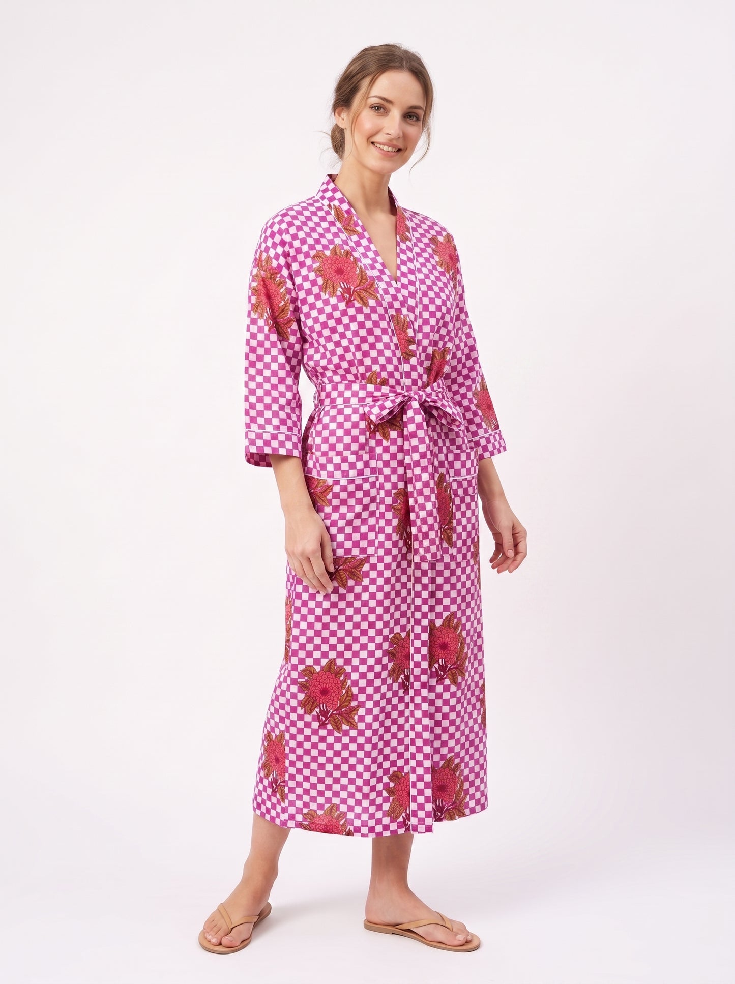 Pink Check Bloom Women's Cotton Kimono | 3/4 Sleeves