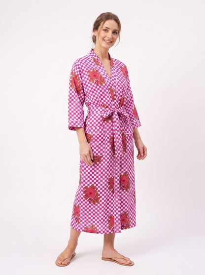 Pink Check Bloom Women's Cotton Kimono | 3/4 Sleeves