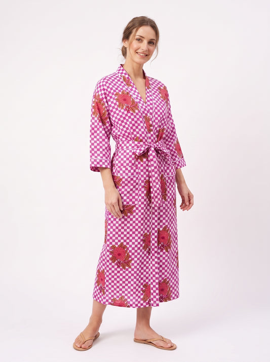 Pink Check Bloom Women's Cotton Kimono | 3/4 Sleeves