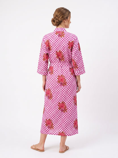 Pink Check Bloom Women's Cotton Kimono | 3/4 Sleeves