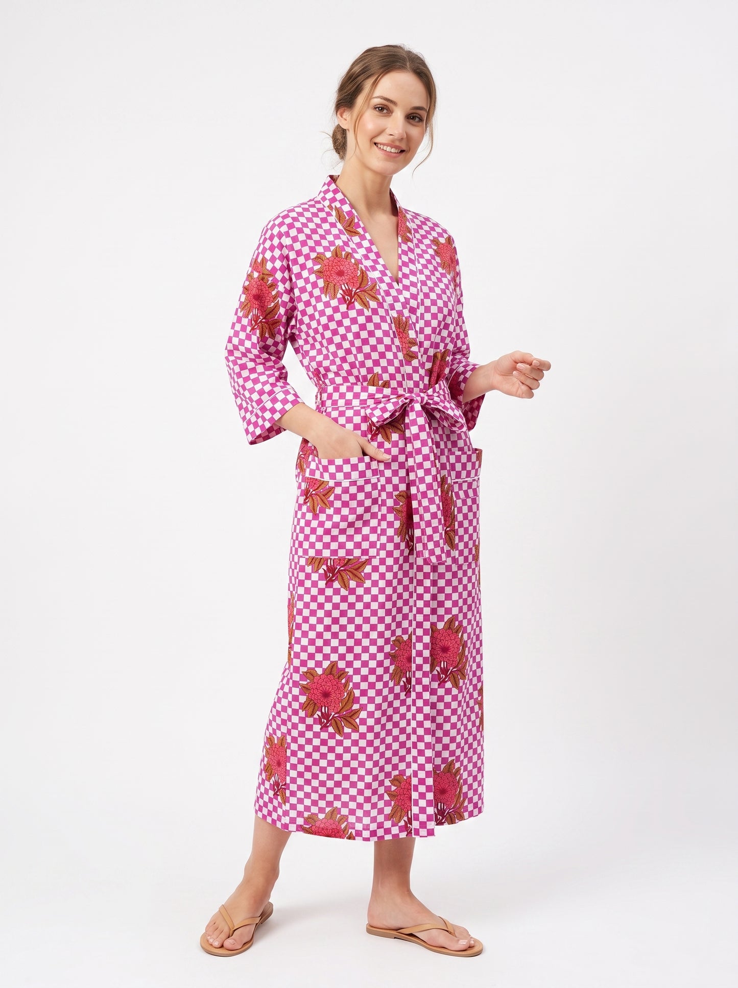 Pink Check Bloom Women's Cotton Kimono | 3/4 Sleeves