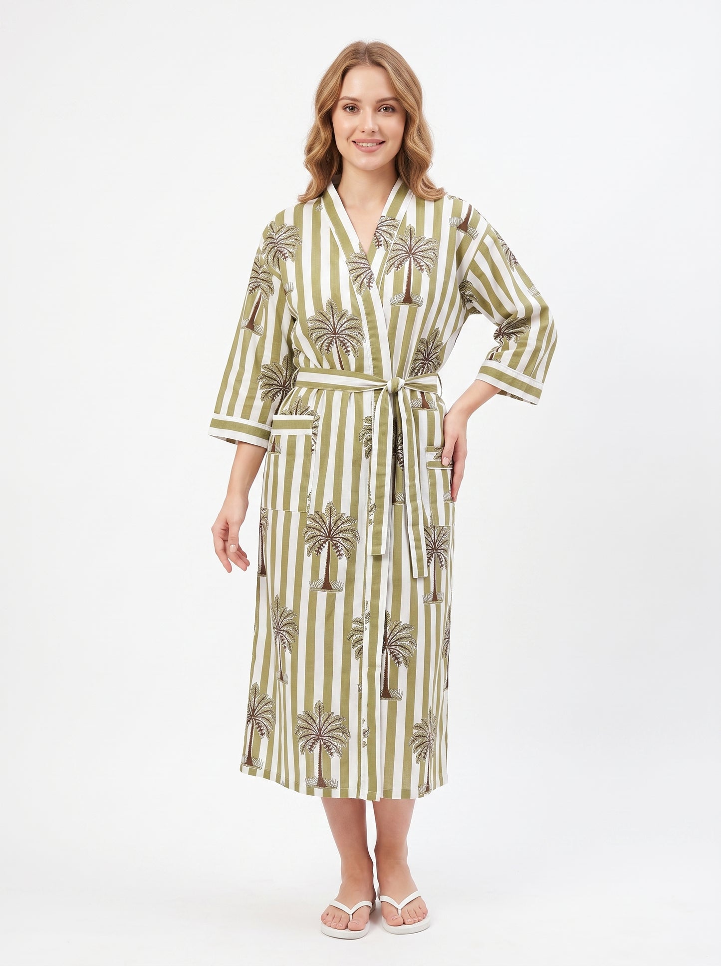 Midnight Beach Green Palms Women's Cotton Kimono – Green & White | 3/4 Sleeves