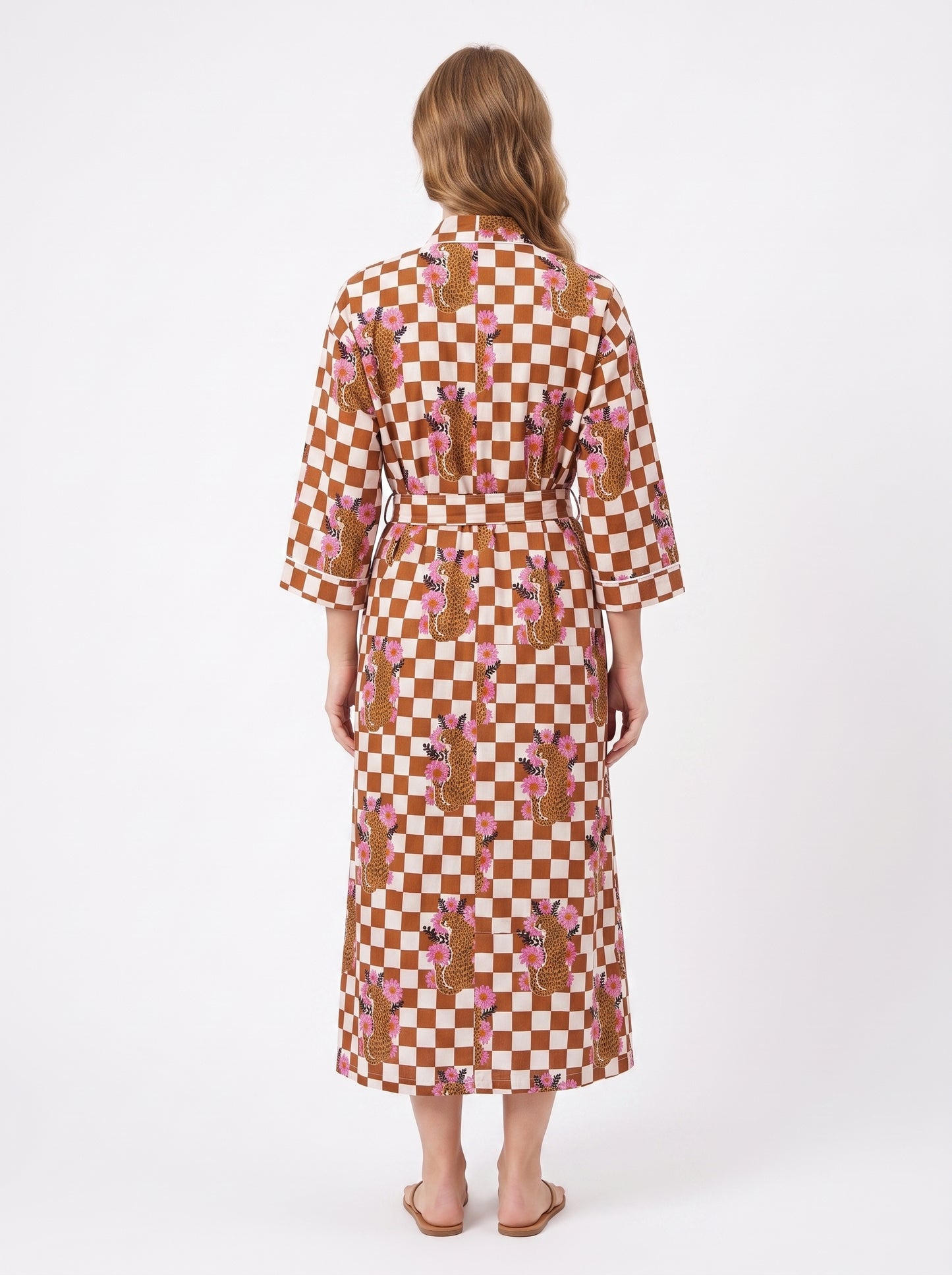 Brown Checkmate Princess Tiger Women's Cotton Kimono | 3/4 Sleeves