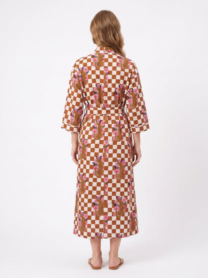 Brown Checkmate Princess Tiger Women's Cotton Kimono | 3/4 Sleeves