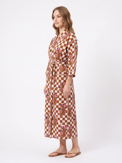 Brown Checkmate Princess Tiger Women's Cotton Kimono | 3/4 Sleeves