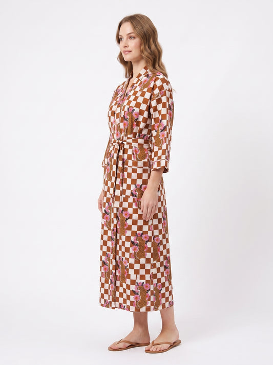 Brown Checkmate Princess Tiger Women's Cotton Kimono | 3/4 Sleeves