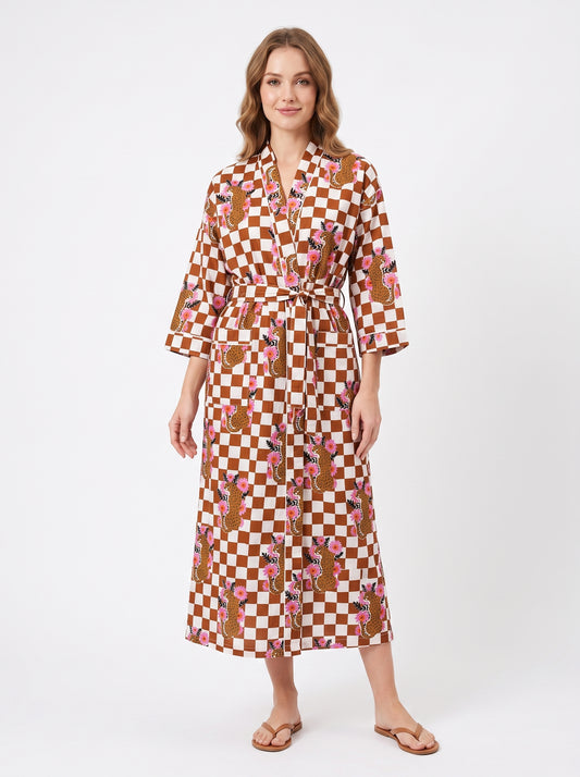 Brown Checkmate Princess Tiger Women's Cotton Kimono | 3/4 Sleeves