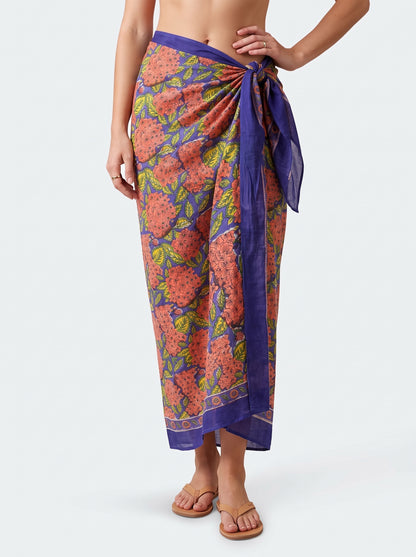Orange Blue Floral Buta Handblock Sarong - Beach Cover