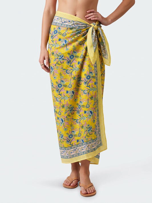 Yellow Vine Handblock Sarong - Beach Cover